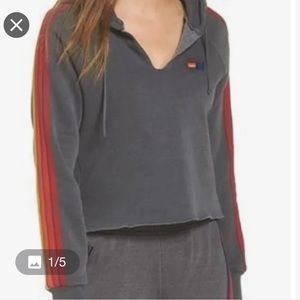 Aviator Nation classic 4 stripe pullover crop hoodie in charcoal